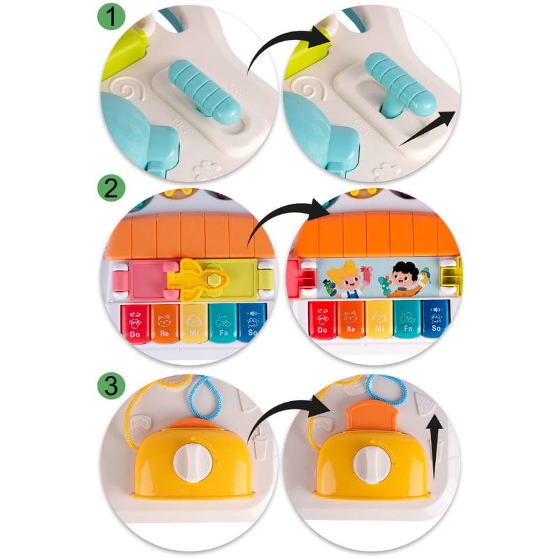 Masuta Educativa cu Activitati Montessori 2 in 1, Jucarie Muzicala, Lampa LED, Prajitor de Paine, Pian, Numere, Culori si Forme, Elemente Mobile, Volum Reglabil, + 1 An - LUDIRO