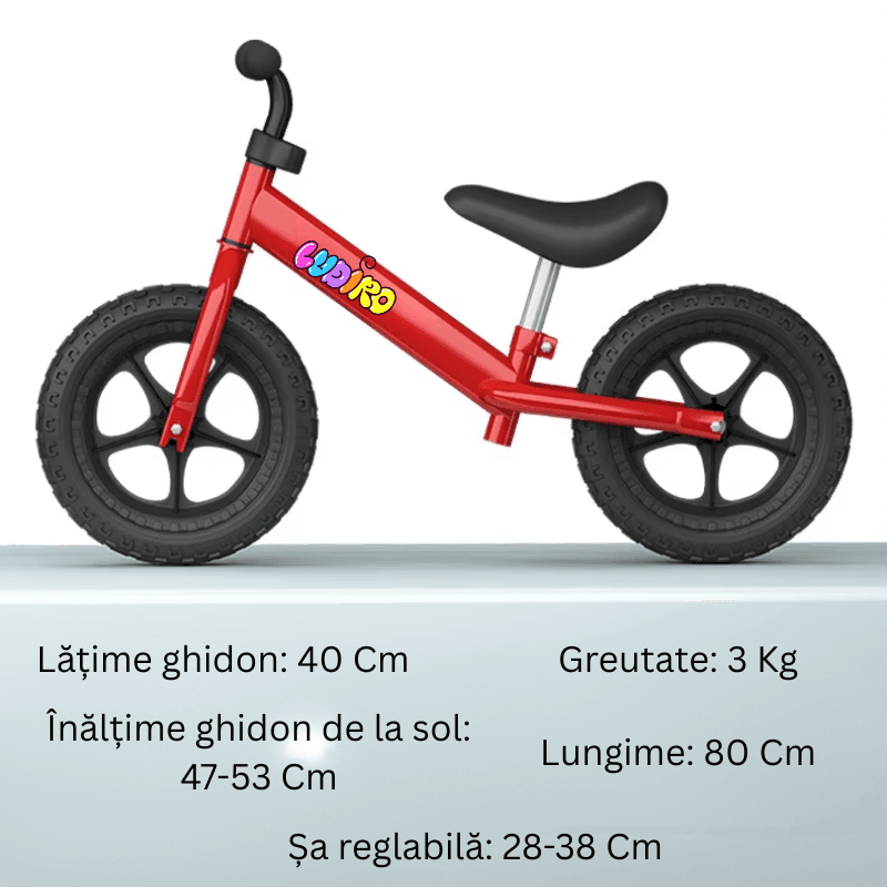 Resigilat - Bicicleta de Echilibru fara Pedale LUDIRO pentru Copii intre 2-5 Ani, Reglabila pe Inaltime, Rotire Ghidon 360 Grade, Roti din Polimer Antisoc Diametru 30 Cm, Cadru Metalic, Rosu - LUDIRO