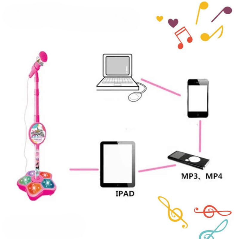 Resigilat - Microfon Karaoke pentru Copii cu Stativ Reglabil, Sunete, Lumini si Functie MP3, Roz - LUDIRO