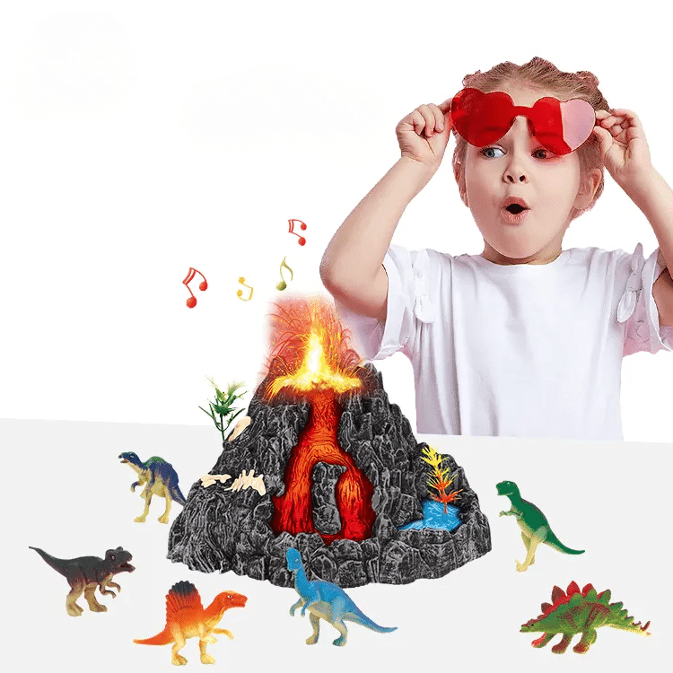 Set Interactiv Vulcan, 6 Dinozauri, Functie Eruptie cu Abur, Lumini Led, Sunete Realiste, Material Rezistent 18x17x11 Cm, +3 Ani - LUDIRO
