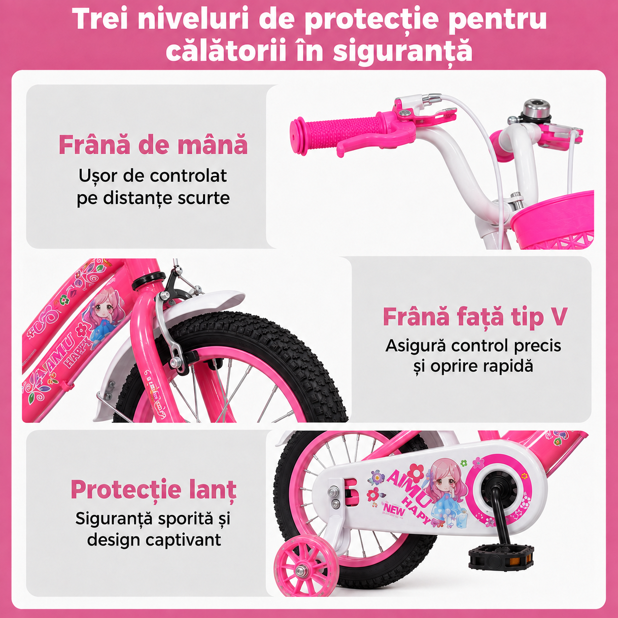 Trei niveluri de protecție: frână de mână, frână față tip V și protecție lanț