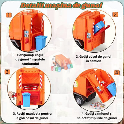 Camion de Gunoi Interactiv Pull Back cu Lumini si Sunete Realiste, Usi mobile, 4 Containere, Stimuleaza Imaginatia si Invata Despre Protectia Mediului, 31x16x10 Cm, Alb Portocaliu, +3 Ani - LUDIRO