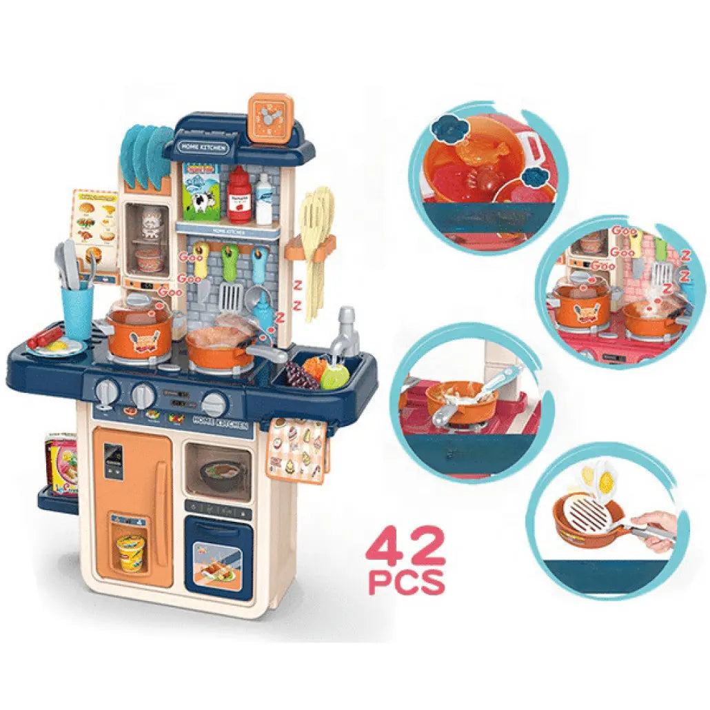 Bucatarie Multifunctionala pentru Copii, 42 Piese, Lumini si Sunete Realiste, Aragaz, Cuptor, Chiuveta Functionala cu Apa, Bej Albastru, 63x47x23 Cm - LUDIRO