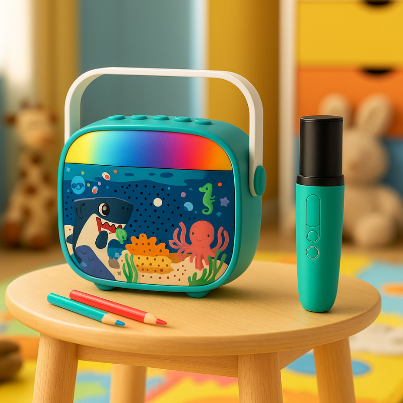 Resigilat - Set Karaoke Copii Ocean Ludiro cu Microfon Wireless, Bluetooth si Lumini Colorate Interactive, + 3 Ani