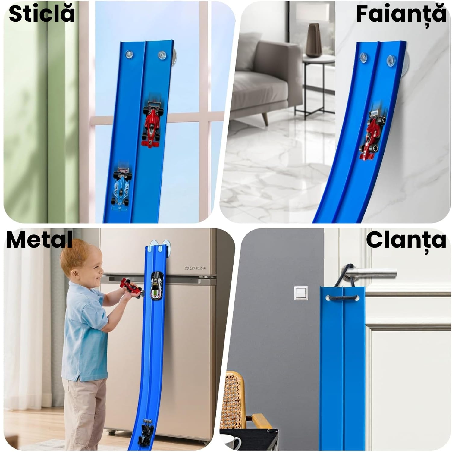 Pistă Auto Flexibilă Ludiro 4.5m, 2 Benzi, Prindere Ventuze, Compatibilă 1:64, Albastru - LUDIRO
