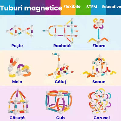 Set Construcție 3D Magnetic și Flexibil Ludiro, 108 Piese Telescopice, Jucărie STEM Educativă 3+ Ani - LUDIRO