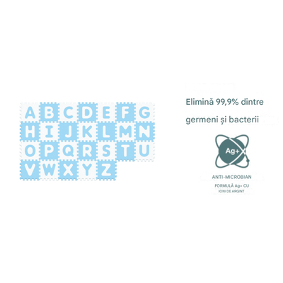 Covor Puzzle Antibacterian LUDIRO cu Litere A-Z, 26 Piese 32x32 cm, Spuma EVA cu Ioni de Argint, Alb Bleu - LUDIRO