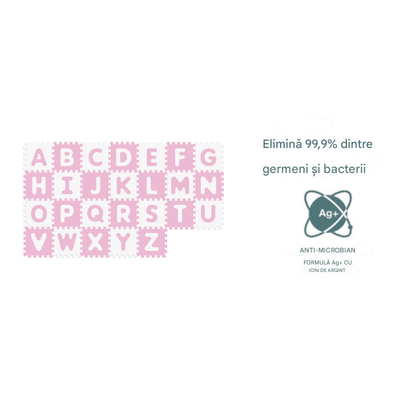 Resigilat - Covor Puzzle Antibacterian cu Litere A-Z, 26 Piese 32x32 cm, Spuma EVA cu Ioni de Argint, Alb Roz - LUDIRO
