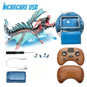 Dragon Interactiv de Apă cu Telecomandă, Funcție Stropire, Lumini, Acumulator Reîncărcabil, 43 cm, Jucărie Piscină, Verde Gri - LUDIRO
