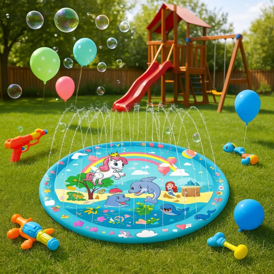 Covoras cu Apa pentru Joaca LUDIRO, Diametru 170 Cm, Fantana Arteziana Interactiva cu Animalute, Unicorn si Delfini, Joaca Distractiva si Educativa in Gradina pentru Copii, 1-6 Ani - LUDIRO