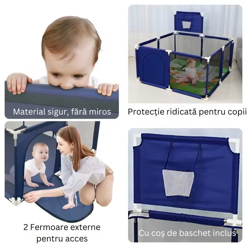 Țarc de copii XXL 235×129×66 Cm, Loc de Joacă Sigur cu Poartă si Coș, Acces Lateral cu Fermoar, Cadru din Oțel Inoxidabil, 1–6 Ani, Albastru - LUDIRO