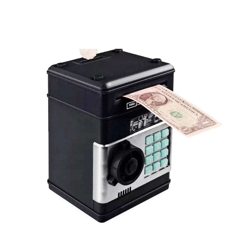 Resigilat - Pusculita Seif pentru Copii, ATM de Jucarie, Sunete si Lumini, Rulare automata a Bancnotelor, 19.5x13x12 Cm, Negru, + 3 Ani - LUDIRO