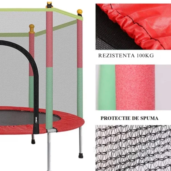 Trambulină pentru Copii 140 Cm cu Plasă de Protecție, Interior și Exterior, 1–6 ani, Montaj cu Buton de Blocare, Certificare de Siguranta, Rosu Verde - LUDIRO