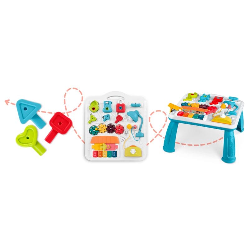 Masuta Educativa cu Activitati Montessori 2 in 1, Jucarie Muzicala, Lampa LED, Prajitor de Paine, Pian, Numere, Culori si Forme, Elemente Mobile, Volum Reglabil, + 1 An - LUDIRO