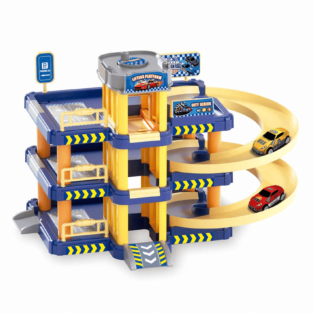 Set de Joaca Parcare pentru Masinute, 3 Nivele, Coborare in Spirala, Lift Manual, 2 Masinute, 37x26.5x32 Cm, + 3 Ani - LUDIRO