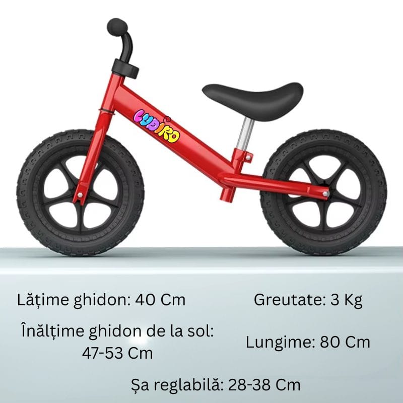 Bicicleta de Echilibru fara Pedale LUDIRO pentru Copii intre 2-5 Ani, Reglabila pe Inaltime, Rotire Ghidon 360 Grade, Roti din Polimer Antisoc Diametru 30 Cm, Cadru Metalic, Negru - LUDIRO