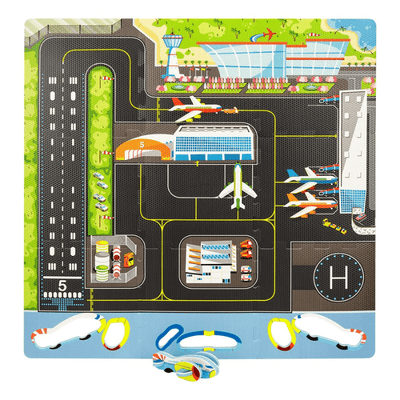 Covor Puzzle din Spuma EVA pentru Copii Ludiro, Set 9 Piese Educationale cu Aeroport, Avion 3D de Asamblat - LUDIRO