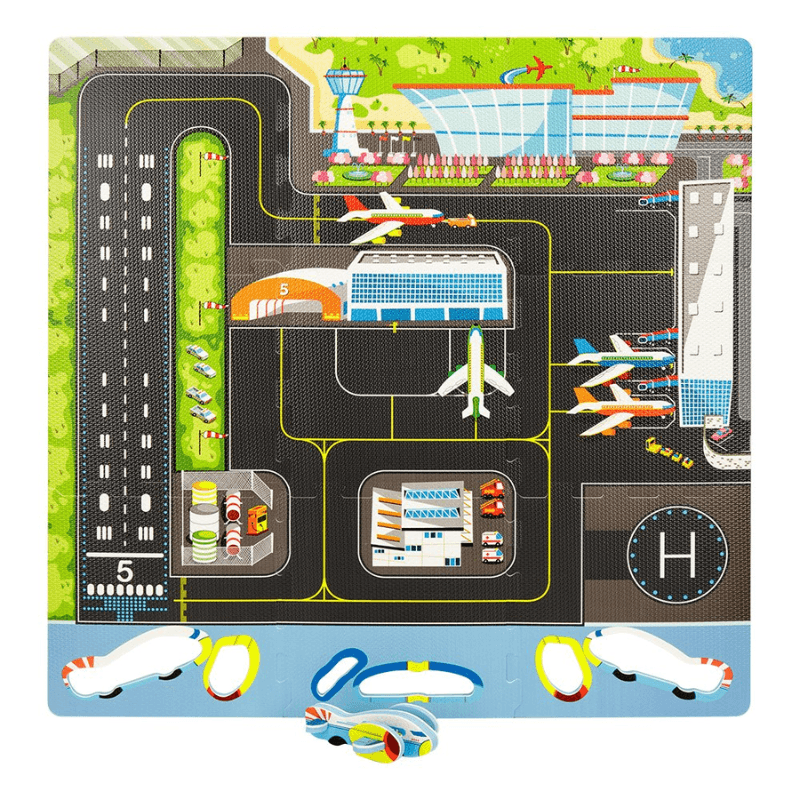 Covor Puzzle din Spuma EVA pentru Copii Ludiro, Set 9 Piese Educationale cu Aeroport, Avion 3D de Asamblat - LUDIRO