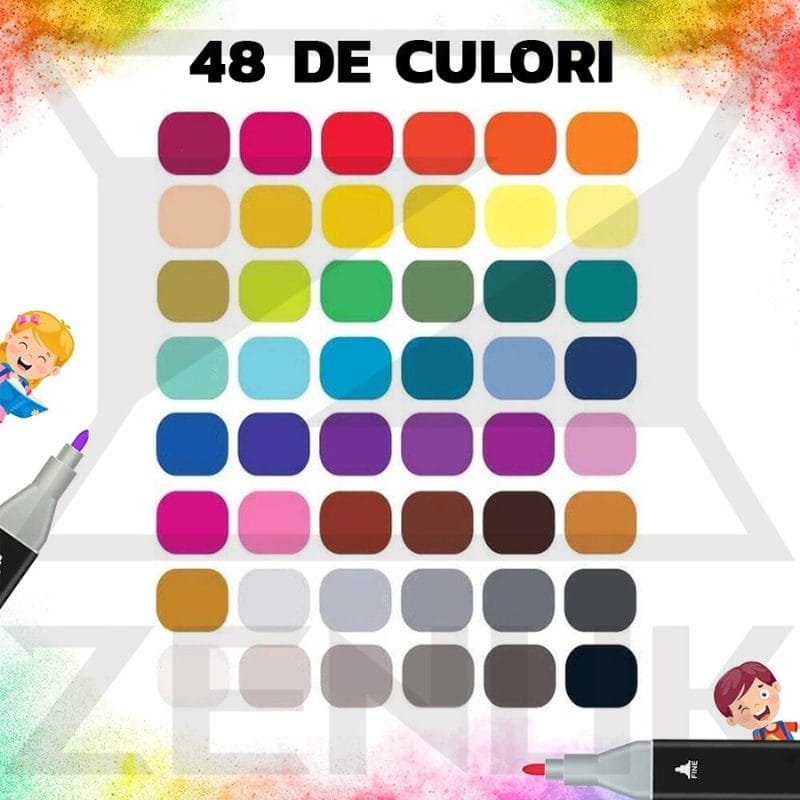 Set 48 Markere Profesionale, Culori Multicolore Vibrante cu Cerneala pe Baza de Alcool, Cu Doua Capete, Subtire si Gros, Ideal pentru Copii Creativi, Stimuleaza Imaginatia si Dezvoltarea Artistica, In - LUDIRO