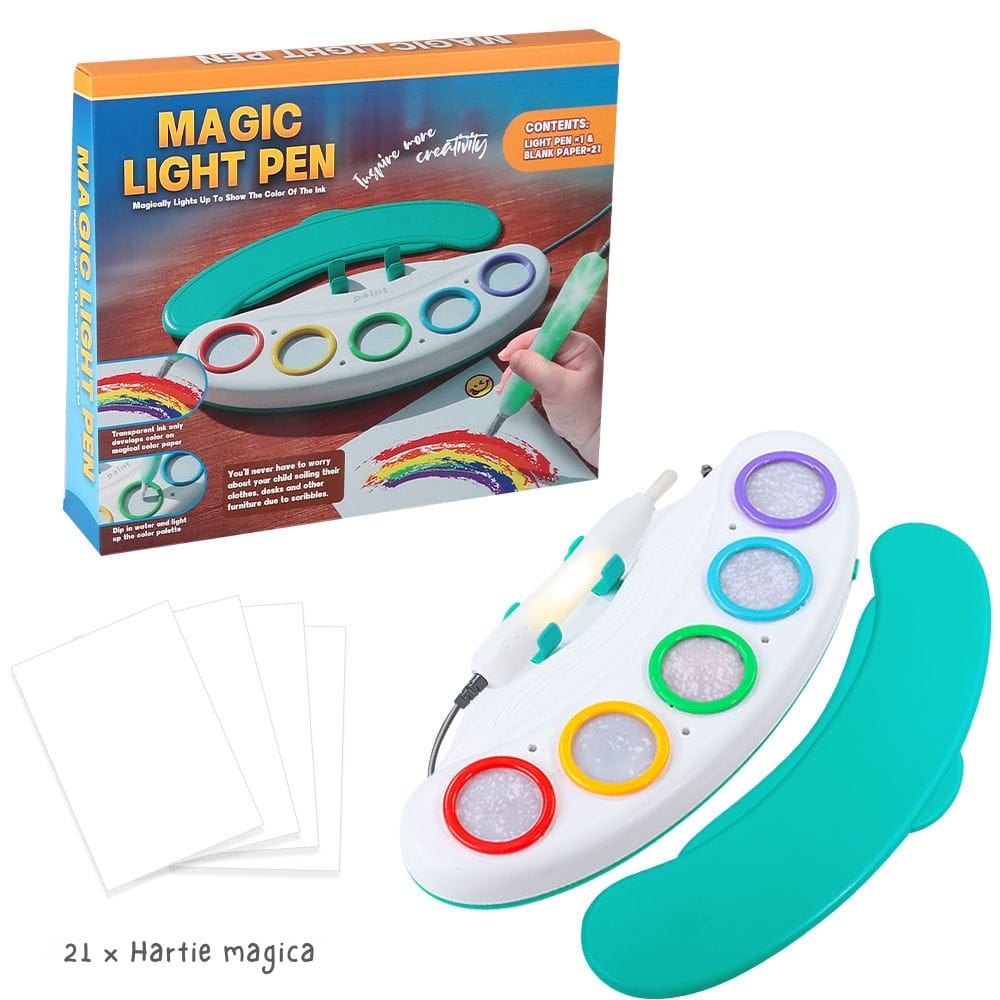 Set Creativ Pensulă Magică cu Lumină, Pictură Fără Murdărie, Paletă 5 Culori și 21 Coli Magice, +3 Ani - LUDIRO