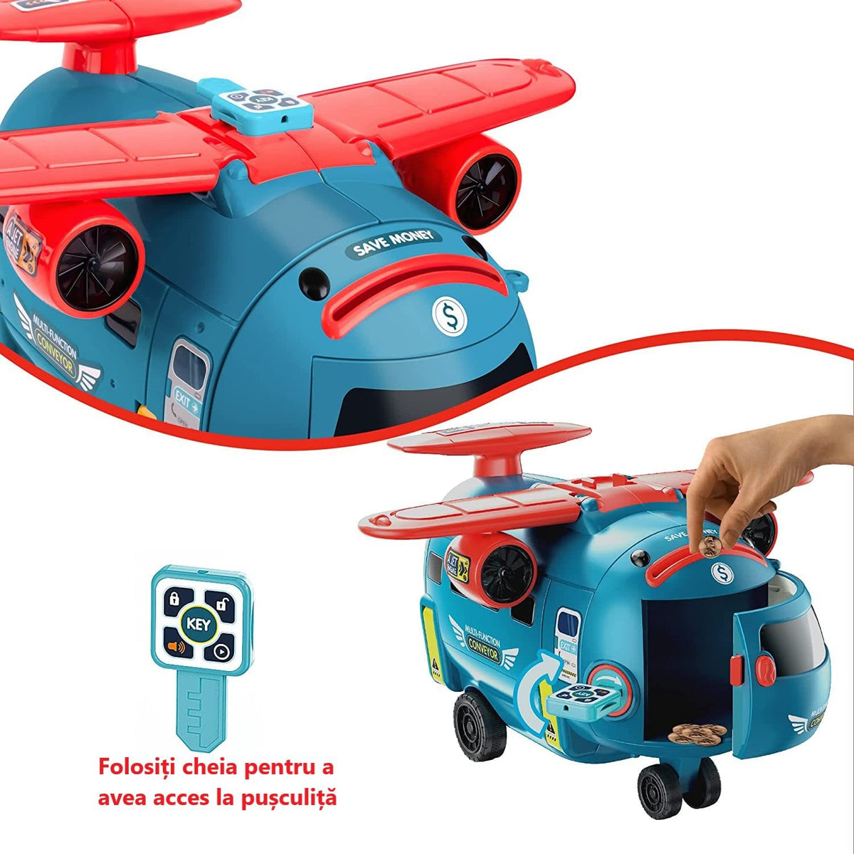 Resigilat - Avion Transformabil Multifunctional, Simulator de Zbor si Condus, Sunete Realiste, 1 Masinuta, Pusculita, Albastru Rosu, 30x29.5x19.5 Cm, + 3 Ani - LUDIRO