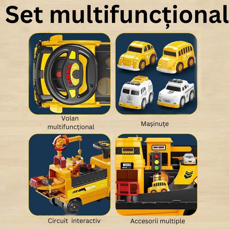 Camion 4 in 1 cu Functie Ride-On, Circuit Interactiv si Macara, Jucarie Educativa pentru Copii cu Volan Multifunctional, Lumini si Sunete, + 3 Ani - LUDIRO