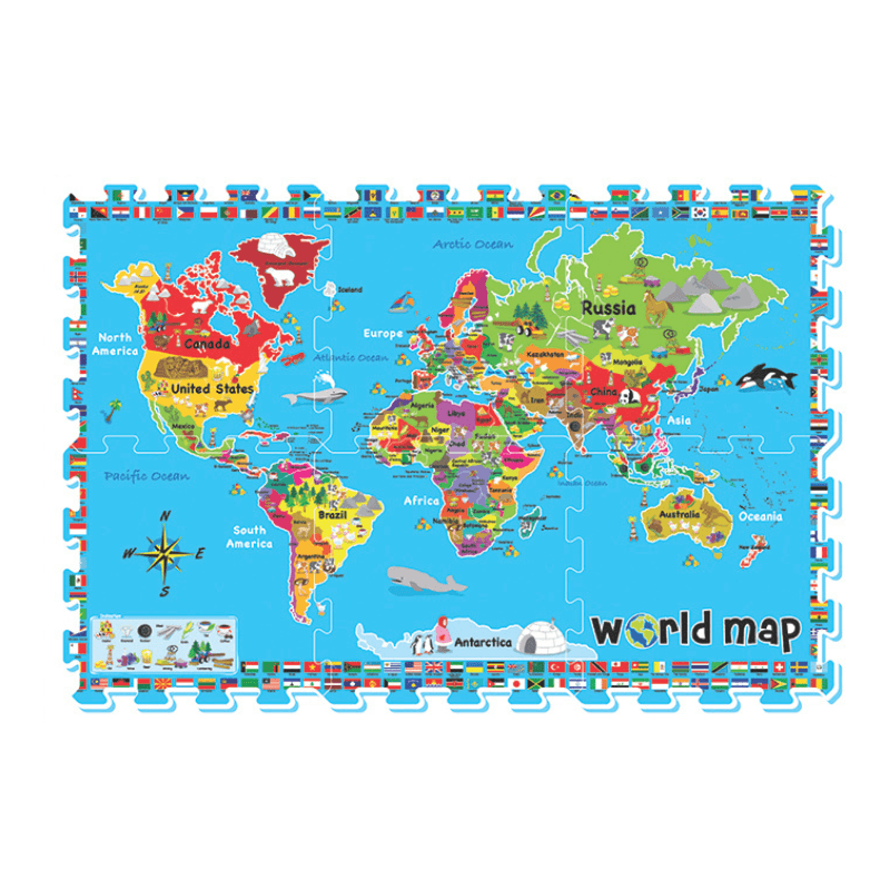 Covor Puzzle din Spuma EVA pentru Copii Ludiro, Set 6 Piese Educationale cu Harta Lumii, Sigur, Non-Toxic, Suprafata Totala 92x62 Cm, Joaca si Invatare - LUDIRO