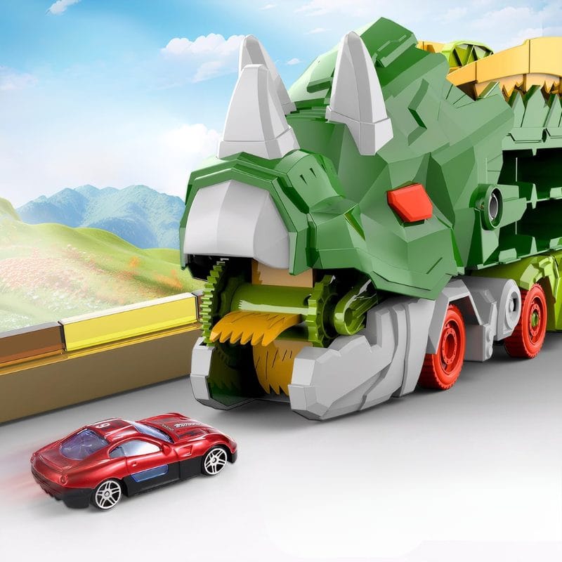 Set Multifunctional Dinozaur 2-in-1, Camion de Transport si Rampa de Lansare cu 2 Masinute, Distractie, Educatie si Dezvoltarea Creativitatii pentru Copii, + 3 Ani, Verde Portocaliu - LUDIRO