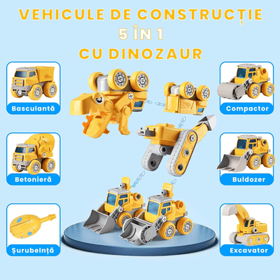 Dinozaur Transformabil 5 in 1 cu Vehicule de Constructii STEM, Sunete si Lumini - LUDIRO