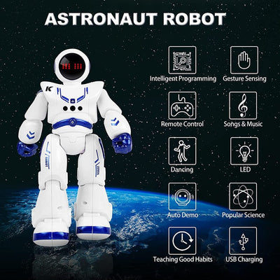 Resigilat - Robot Inteligent JJRC R18 Astronaut Controlabil prin Gesturi, Cu Telecomanda, 27x8.5x16 Cm, 50 de Miscari, Cu Acumulator, Alb Albastru, + 8 Ani - LUDIRO
