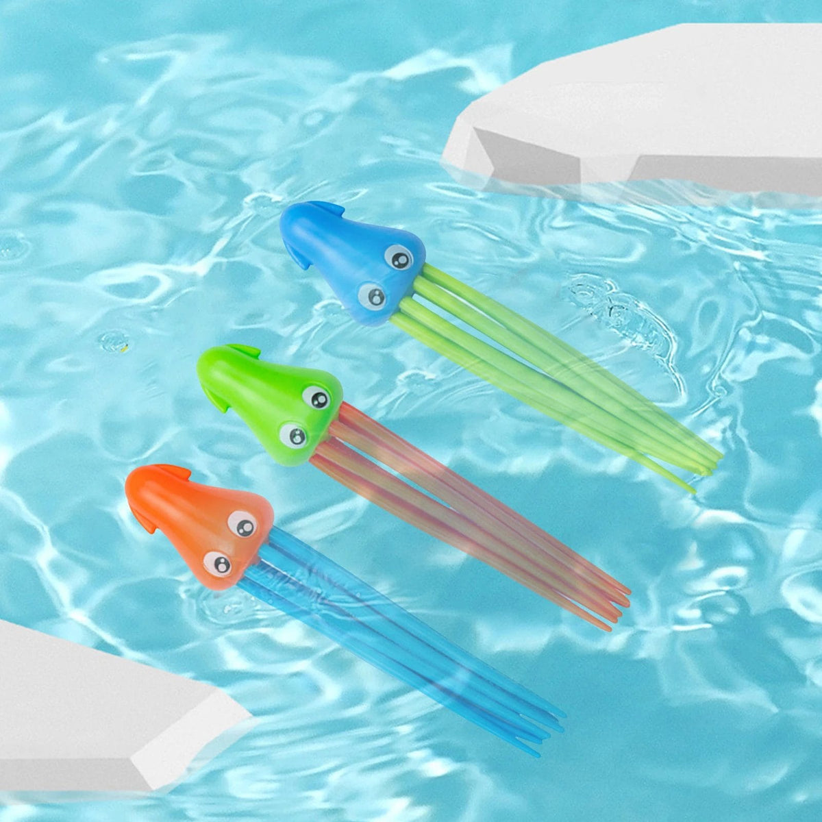 Set 3 Jucarii de Baie sau Piscina, Caracatite Subacvatice din Silicon, 17x4.5 Cm, + 3 Ani - LUDIRO