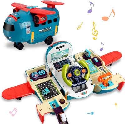 Avion Transformabil Multifunctional, Simulator de Zbor si Condus, Sunete Realiste, 1 Masinuta, Pusculita, Albastru Rosu, 30x29.5x19.5 Cm, + 3 Ani - LUDIRO