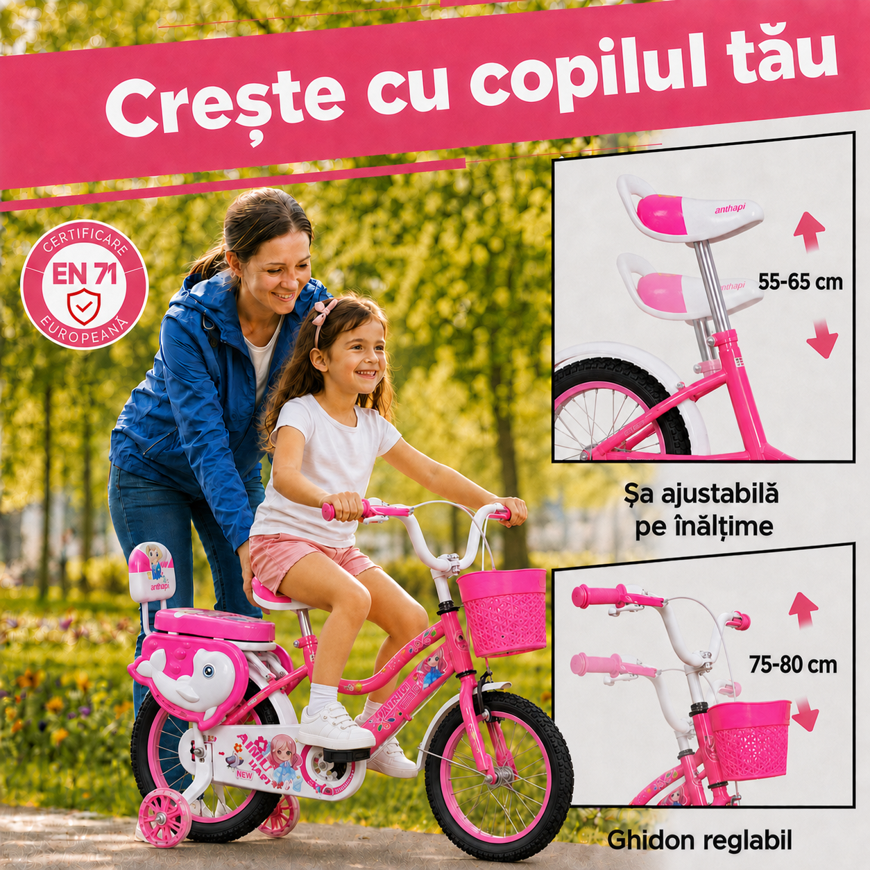 Bicicletă reglabilă care crește cu copilul: șa 55–65 cm, ghidon 75–80 cm, certificată EN 71