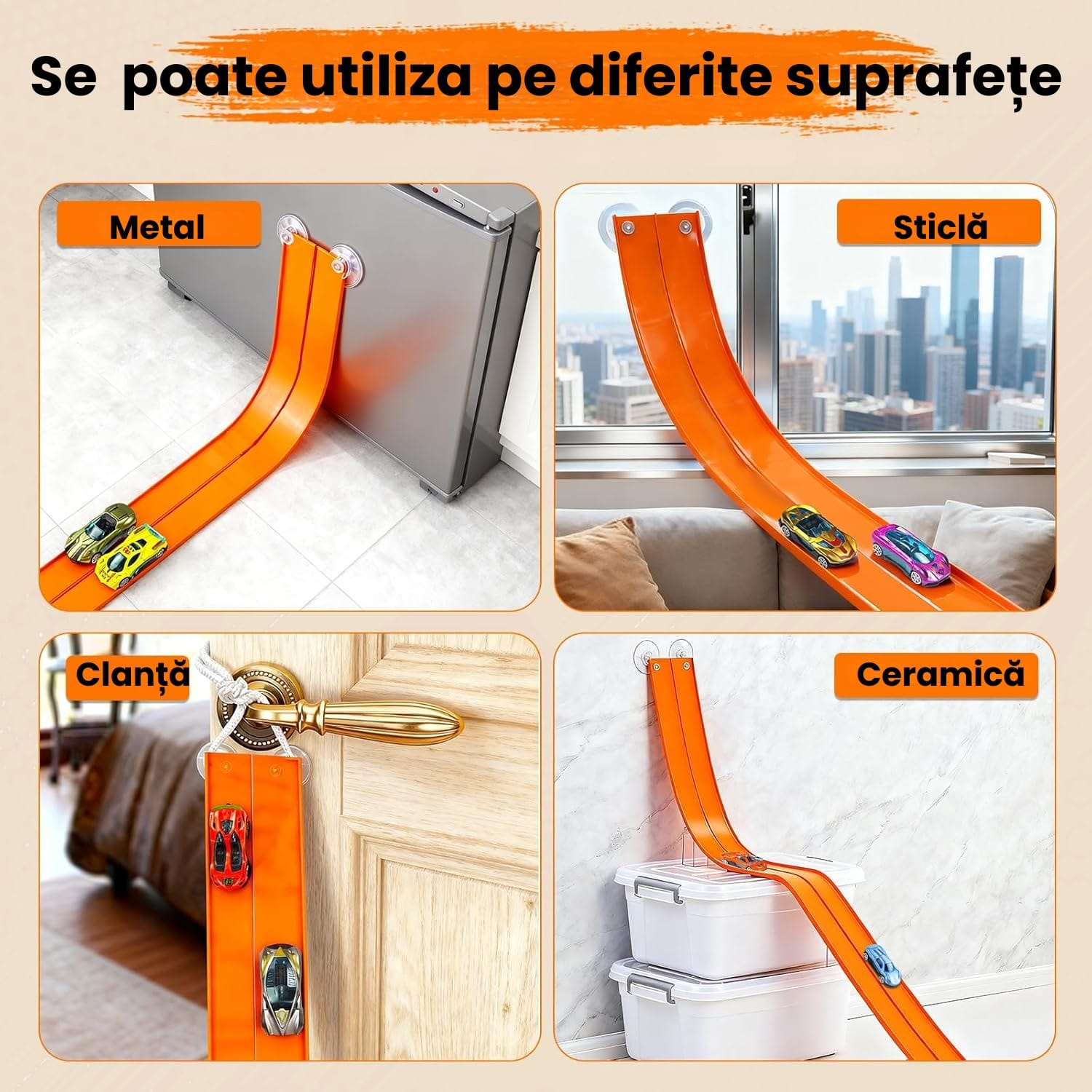 Pistă Auto Flexibilă Ludiro 4.5m, 2 Benzi, Prindere Ventuze, Compatibilă 1:64, Portocaliu - LUDIRO