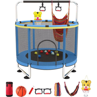 Trambulina pentru Copii LUDIRO, Diametru 140 Cm, Cu Plasa de Siguranta, Cos Baschet, Leagan Si Accesorii, Suporta 200 kg, Interior sau Exterior, Pentru Dezvoltarea Echilibrului, Albastra, + 3 Ani - LUDIRO