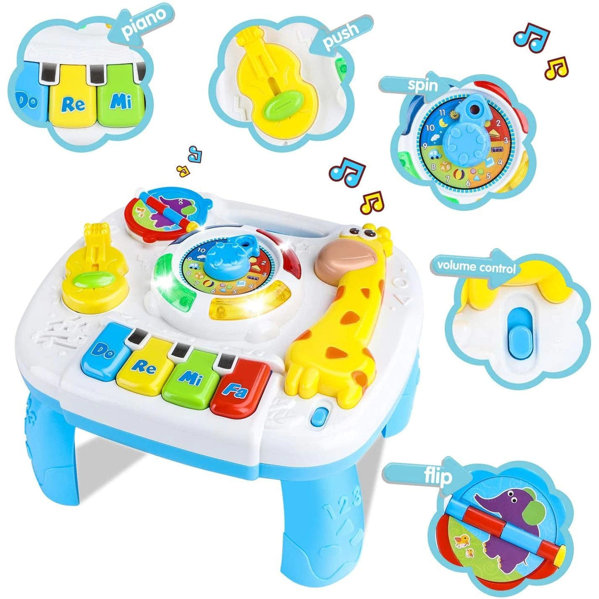 Masuta de Activitati pentru Bebelusi, Centru Multifunctional cu Pian, Lumini si Sunete, Girafa, Cadoul Ideal pentru Baieti si Fete, +1 An, Multicolor - LUDIRO