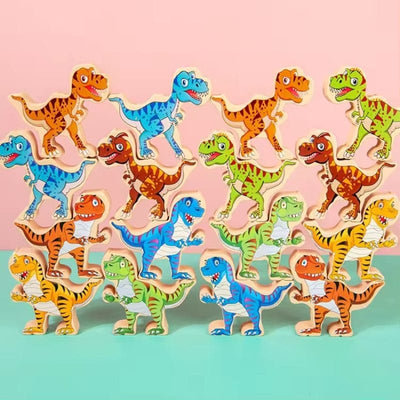 Set jucarii Educationale din Lemn, Dinozauri de Stivuit pentru Copii, Stimuleaza Creativitatea, Echilibrul si Abilitatile Motorii Fine, + 3 Ani - LUDIRO