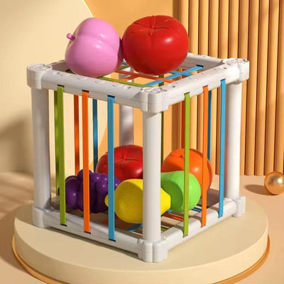 Jucarie Educativa pentru Bebelusi, Cub Elastic cu Fructe, 6 Forme din Plastic Multicolor, Dezvoltare Abilitati Motorii si Cognitive pentru Copii Mici, 11.5x11.5x11.5 Cm, + 1 An - LUDIRO