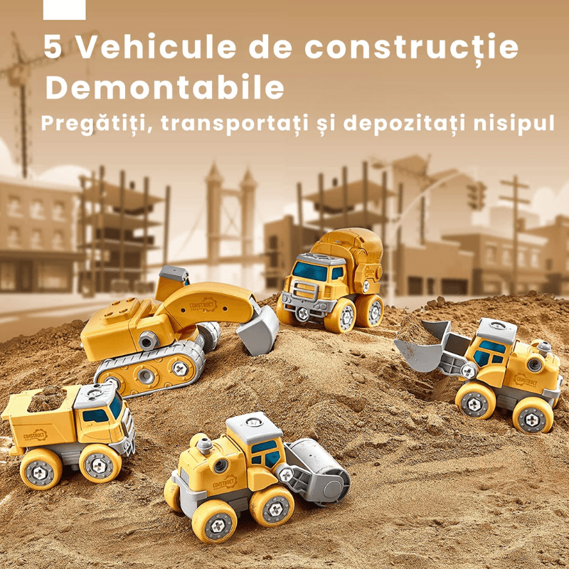 Dinozaur Transformabil 5 in 1 cu Vehicule de Constructii STEM, Sunete si Lumini - LUDIRO