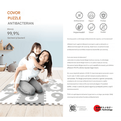 Covor Puzzle Antibacterian LUDIRO cu Litere A-Z, 26 Piese 32x32 cm, Spuma EVA cu Ioni de Argint, Alb Roz - LUDIRO