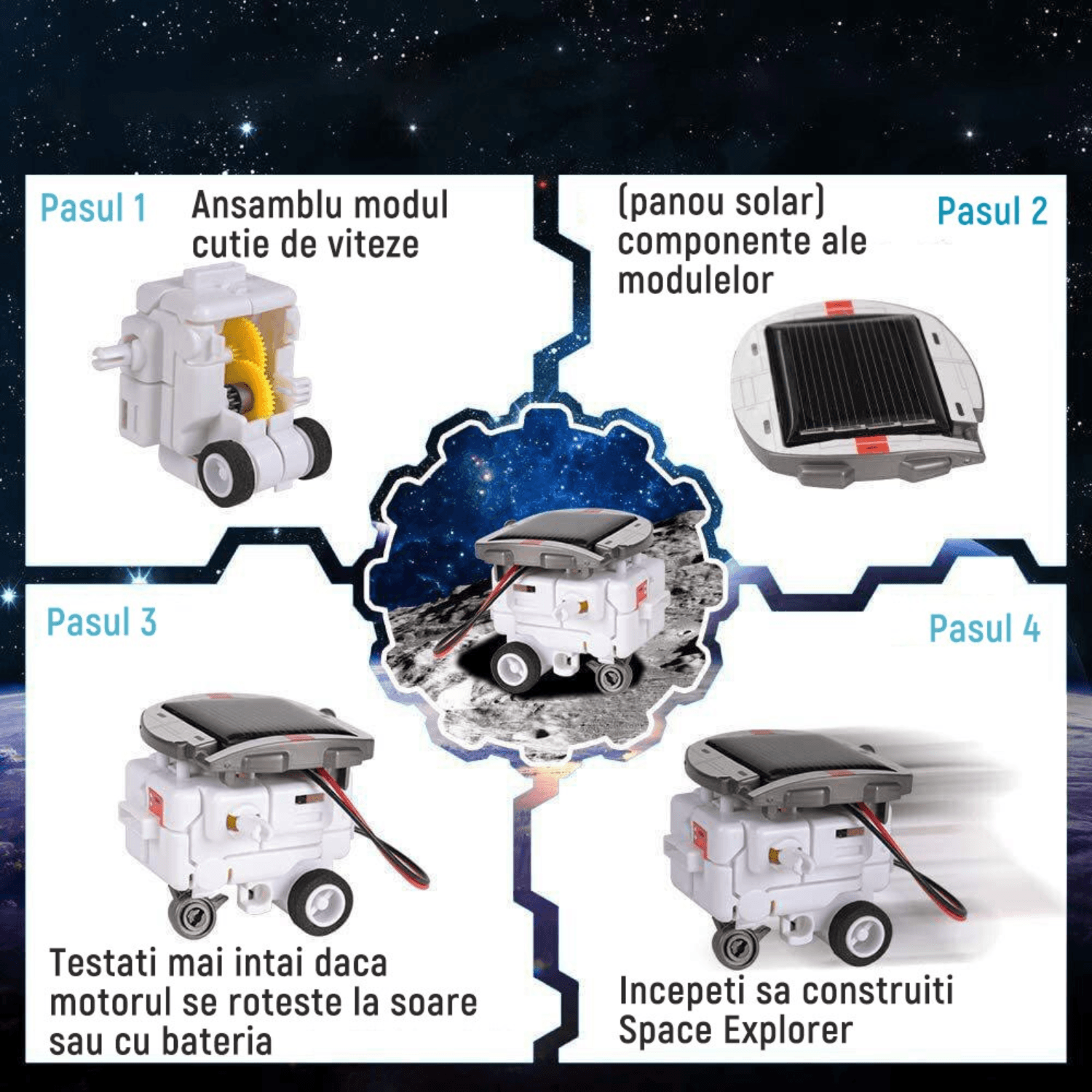 Kit Construcție Robot Solar 6 în 1, Jucărie STEM Spațială, Set Educativ cu Alimentare Solară și Baterii, Copii 8-12 Ani - LUDIRO