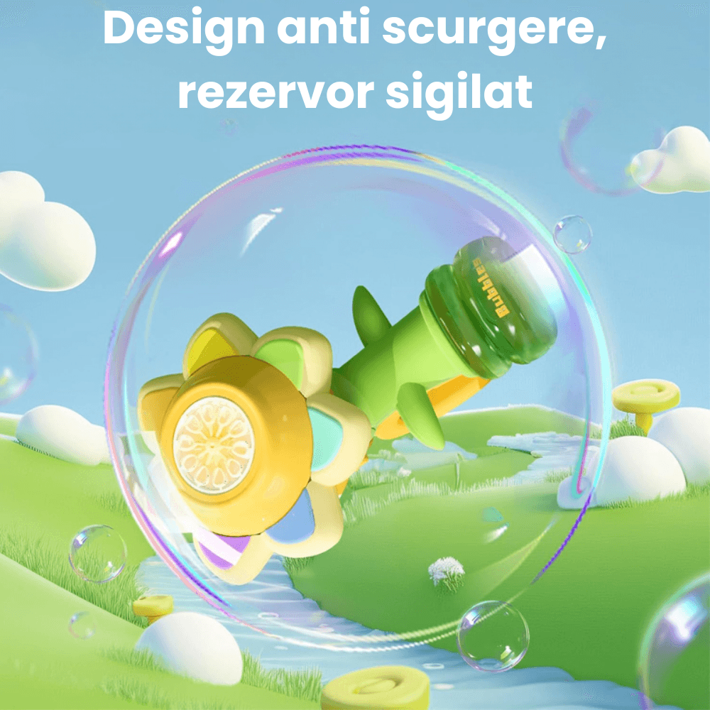 Aparat de Făcut Baloane de Săpun Formă Floare, 3 Moduri, Lumini LED, Anti-Scurgere, Lichid Inclus, +3 Ani - LUDIRO