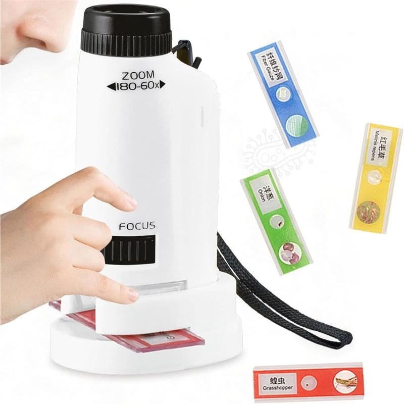 Microscop Portabil 60-180x, Exploreaza Lumea Microscopica cu Focalizare Duala, Lumina LED si Suport pentru Telefon Mobil, Ideal pentru Utilizare Interioara si Exterioara, + 6 Ani - LUDIRO