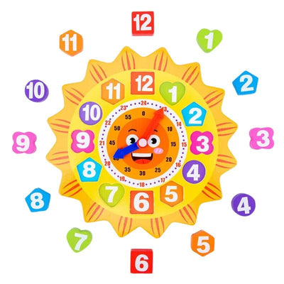 Ceas Educational din Lemn pentru Copii cu Design Dragut, Soare Zambitor, Instrument Didactic Interactiv pentru Invatarea Orei, Dezvoltarea Abilitatilor Cognitive si Pregatirea Prescolara, 22x22 Cm, + - LUDIRO