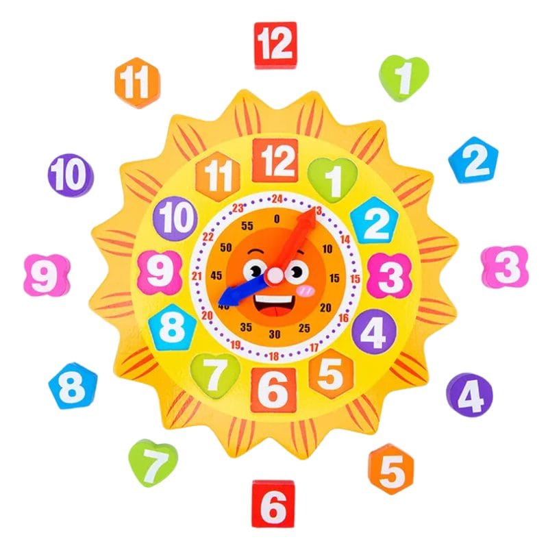 Ceas Educational din Lemn pentru Copii cu Design Dragut, Soare Zambitor, Instrument Didactic Interactiv pentru Invatarea Orei, Dezvoltarea Abilitatilor Cognitive si Pregatirea Prescolara, 22x22 Cm, + - LUDIRO