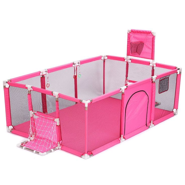 Țarc de copii XXL 235×129×66 Cm, Loc de Joacă Sigur cu Poartă si Coș, Acces Lateral cu Fermoar, Cadru din Oțel Inoxidabil, 1–6 Ani, Roz - LUDIRO