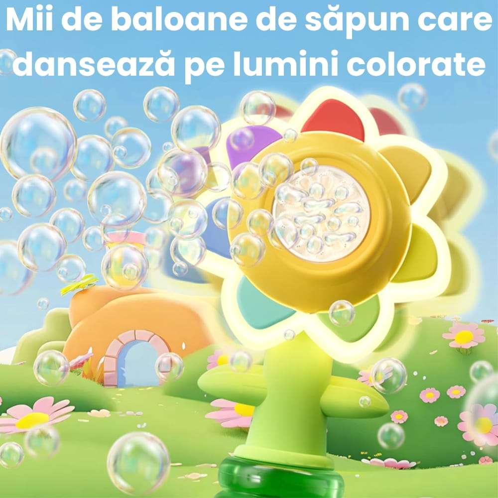 Aparat de Făcut Baloane de Săpun Formă Floare, 3 Moduri, Lumini LED, Anti-Scurgere, Lichid Inclus, +3 Ani - LUDIRO