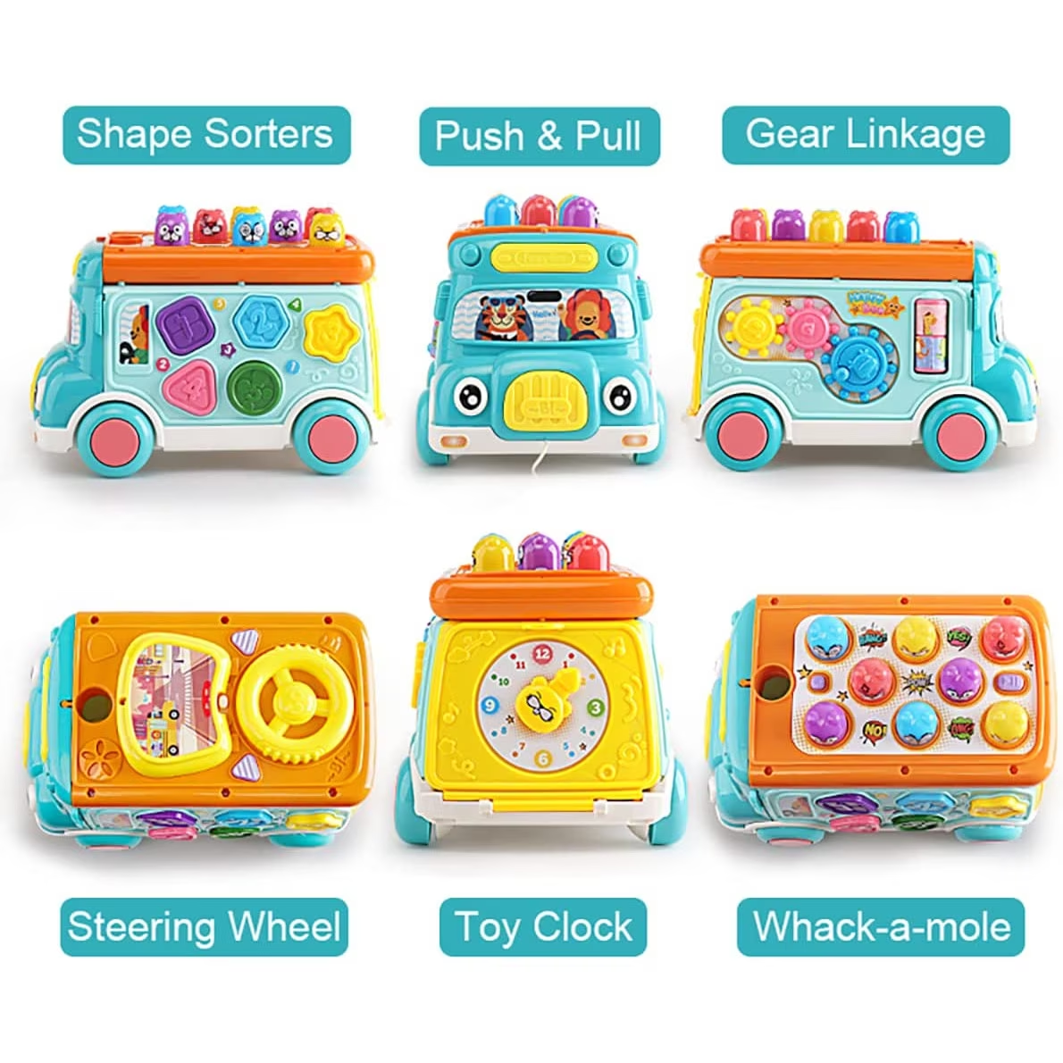 Resigilat - Jucarie Interactiva, Autobuz Multifunctional cu Activitati, 6 Functii Educative, Sunete si Lumini, 23x15x15 Cm, Albastru Portocaliu, + 3 Ani - LUDIRO