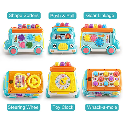 Resigilat - Jucarie Interactiva, Autobuz Multifunctional cu Activitati, 6 Functii Educative, Sunete si Lumini, 23x15x15 Cm, Albastru Portocaliu, + 3 Ani - LUDIRO