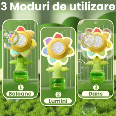 Aparat de Făcut Baloane de Săpun Formă Floare, 3 Moduri, Lumini LED, Anti-Scurgere, Lichid Inclus, +3 Ani - LUDIRO